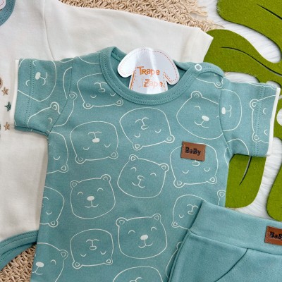 Conj. de Malha 3 peças - Bear Fofinho com Estrelinhas - Verde Menta e Gelo